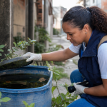 Agente de saúde verifica possíveis criadouros de mosquitos durante ação de controle vetorial em área urbana de São Luís.