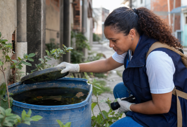 Agente de saúde verifica possíveis criadouros de mosquitos durante ação de controle vetorial em área urbana de São Luís.