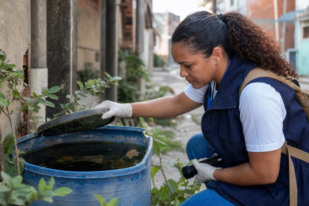 Agente de saúde verifica possíveis criadouros de mosquitos durante ação de controle vetorial em área urbana de São Luís.